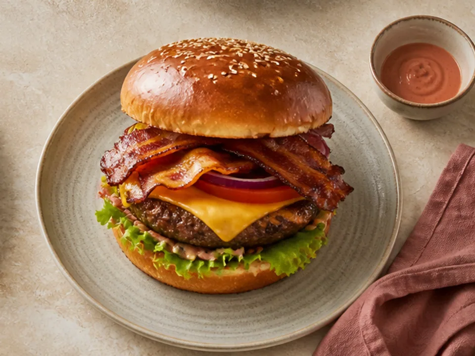 Bacon cheeseburger with lettuce and tomato