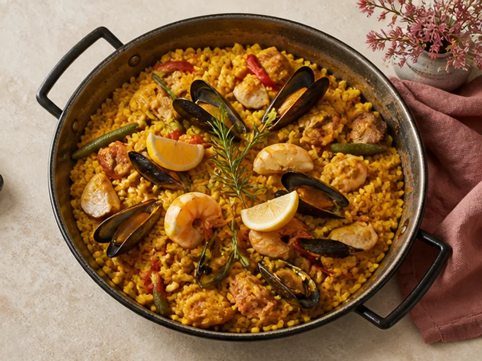 Seafood paella in a wide pan