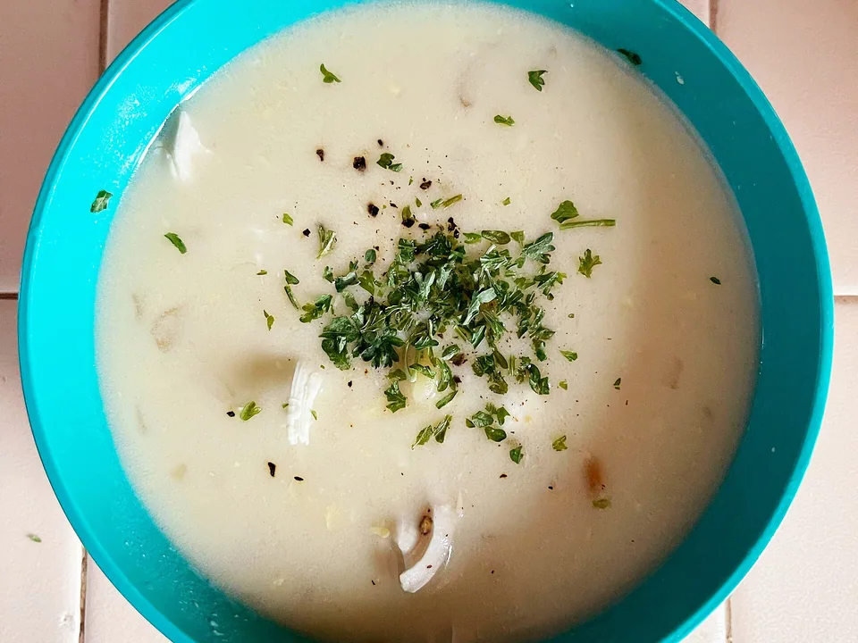 Silky Greek avgolemono chicken soup with rice and shredded chicken