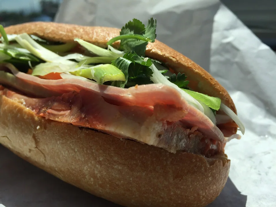 Vietnamese baguette filled with pâté, cold cuts, carrot-daikon pickles, cucumber, and cilantro