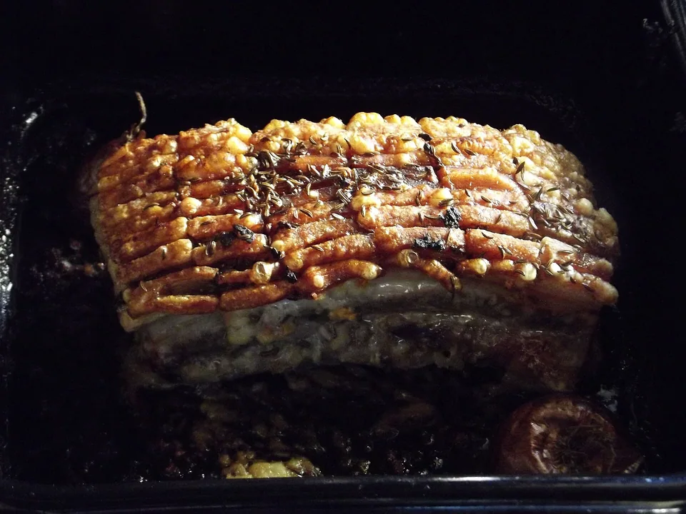 Bavarian roast pork with blistered crackling and dark beer gravy