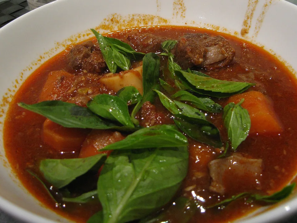 Vietnamese beef stew with tender beef, carrots and Thai basil in red-brown broth