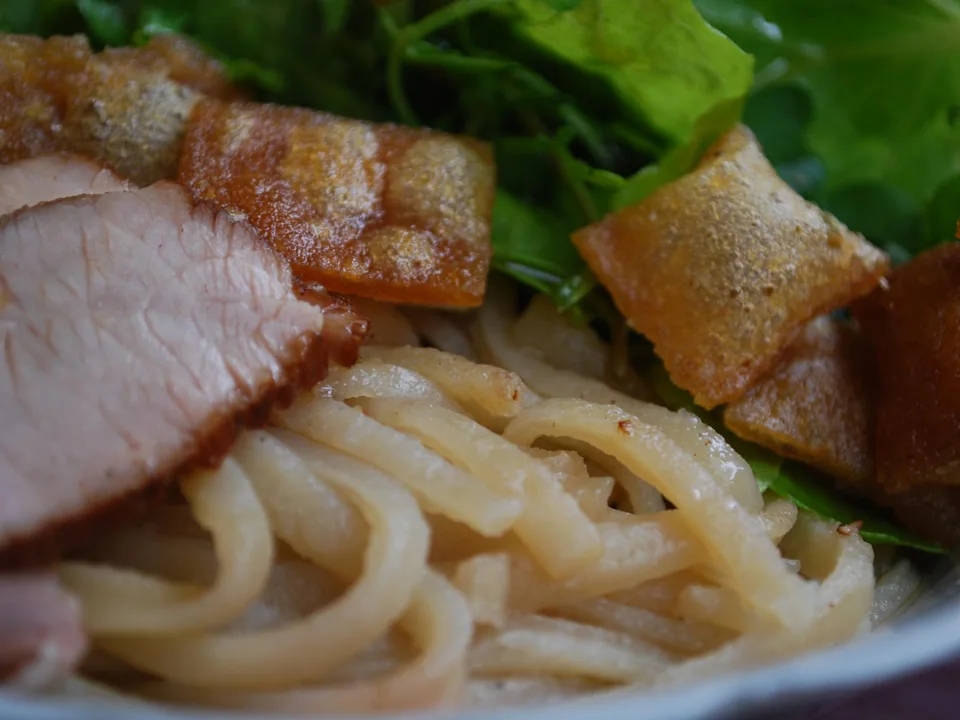 Hội An cao lầu noodles with sliced five-spice pork, herbs, sprouts, and crisp squares