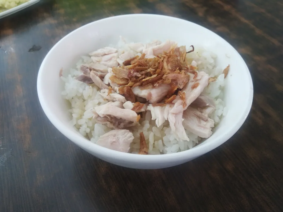 Chiayi turkey rice with shredded turkey, light gravy, crisp shallots, and yellow pickled radish