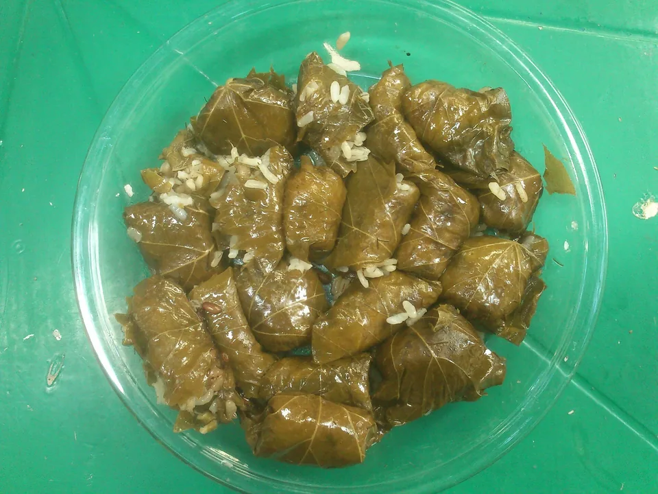 Greek dolmades vine-leaf rolls filled with lemon herb rice