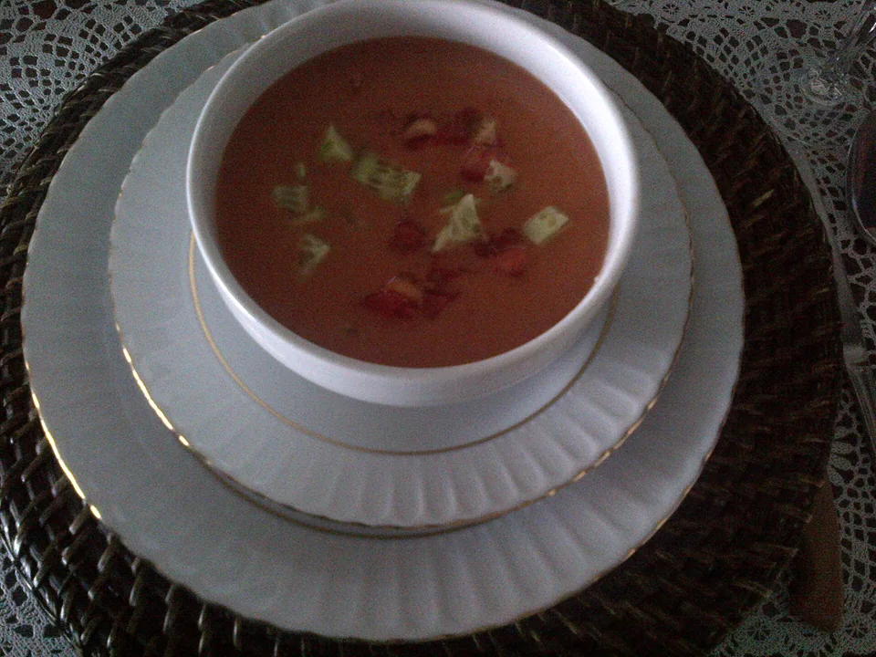 Silky red Andalusian gazpacho served cold in a simple bowl