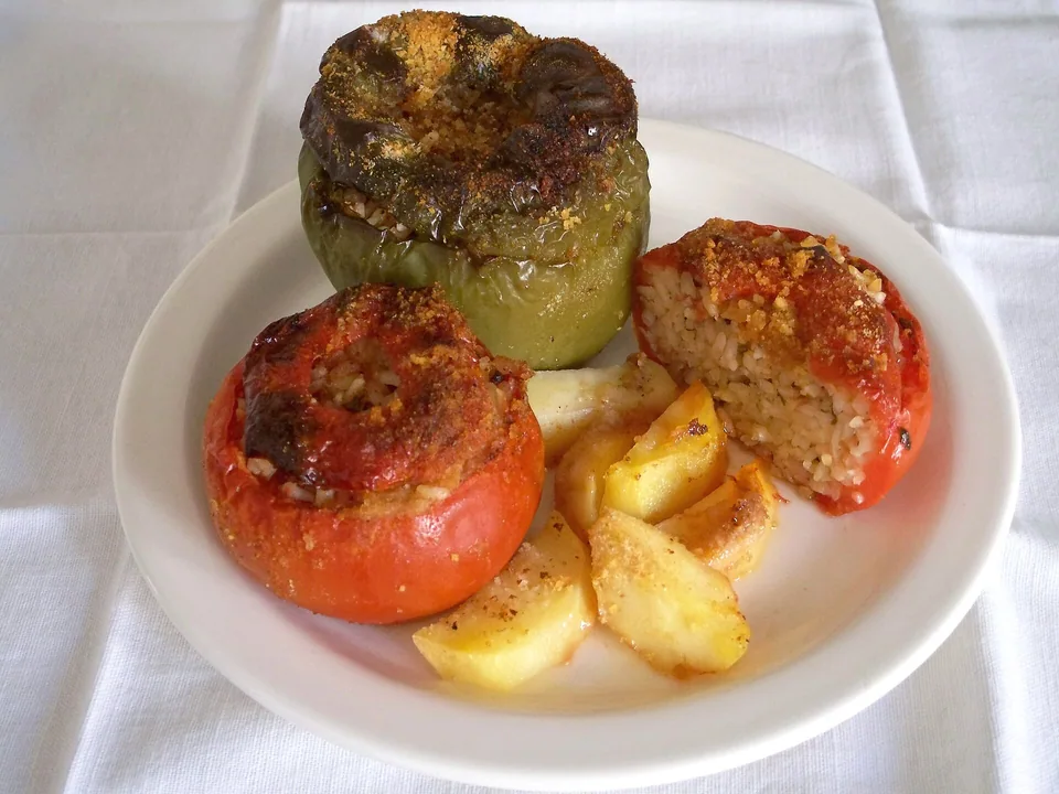 Greek gemista stuffed tomatoes and peppers with herb rice and roasted potatoes