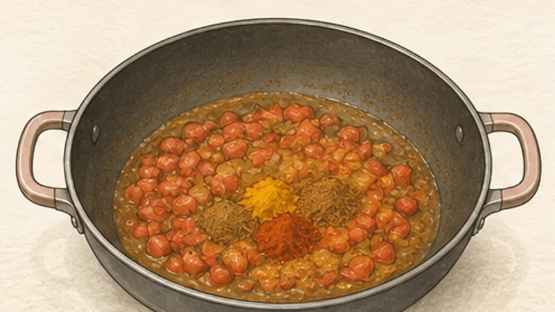 Aloo Gobi, step 4: Cook tomato and ground spices.