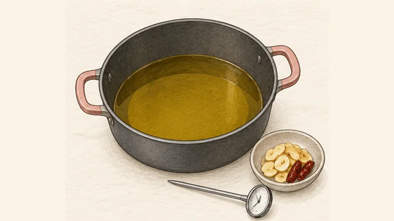 Bacalao al Pil-Pil, step 2: Infuse the oil with garlic and chilli.