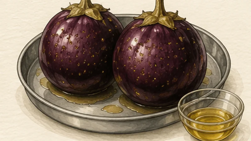 Baingan Bharta, step 1: Check and oil the eggplants.