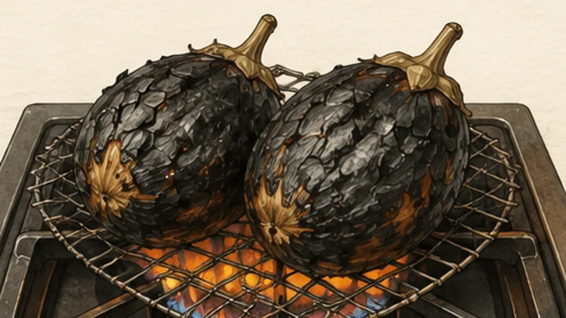 Baingan Bharta, step 2: Flame-roast until collapsed.