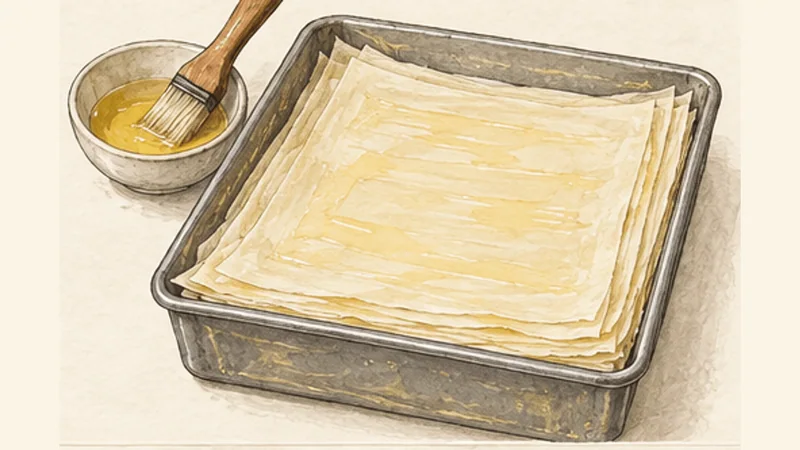 Pistachio Baklava with Lemon-Rose Syrup, step 3: Layer the filo.