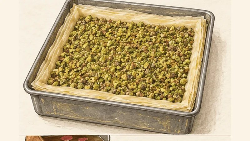 Pistachio Baklava with Lemon-Rose Syrup, step 4: Add the nut layers.