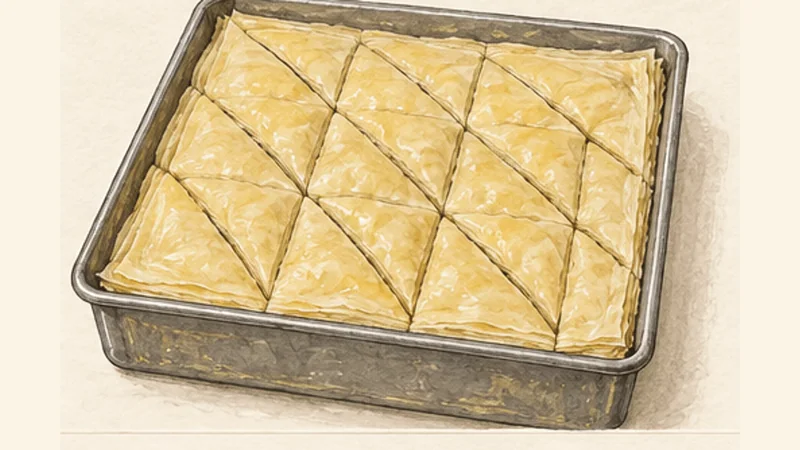 Pistachio Baklava with Lemon-Rose Syrup, step 5: Score the pastry.