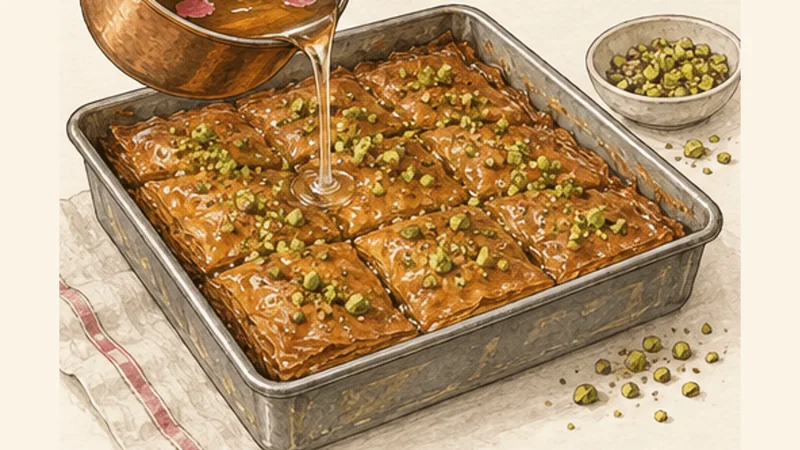Pistachio Baklava with Lemon-Rose Syrup, step 7: Soak and cool completely.