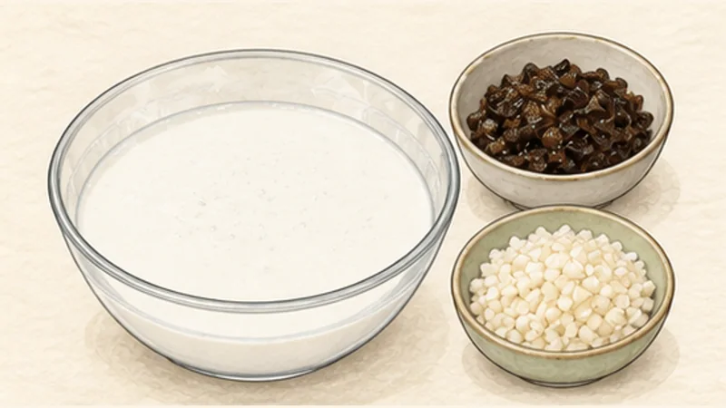 Bánh Cuốn — Pork and Mushroom Rice Rolls, step 1: Hydrate the batter and mushrooms.