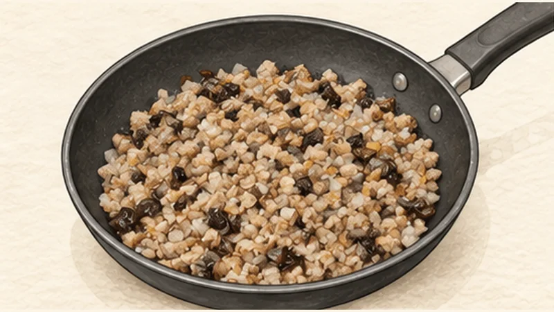 Bánh Cuốn — Pork and Mushroom Rice Rolls, step 2: Cook a dry, loose filling.
