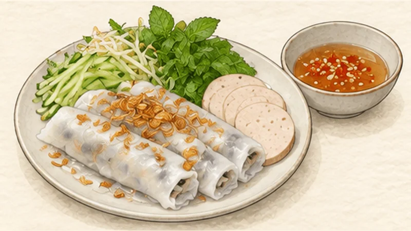 Bánh Cuốn — Pork and Mushroom Rice Rolls, step 7: Finish with shallots and herbs.