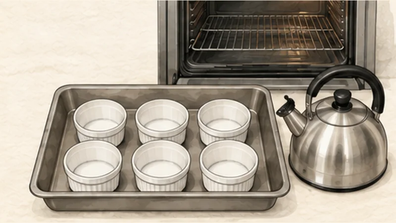 Bánh flan — Vietnamese caramel custard, step 1: Prepare the water-bath setup.