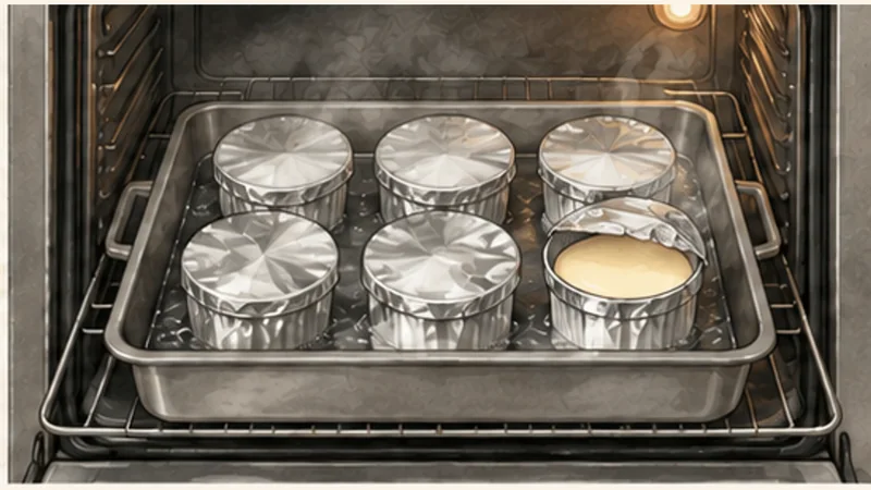 Bánh flan — Vietnamese caramel custard, step 6: Bake gently in water.