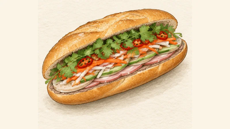 Bánh Mì Thịt — Vietnamese Cold-Cut Baguette, step 6: Finish with pickles and herbs.