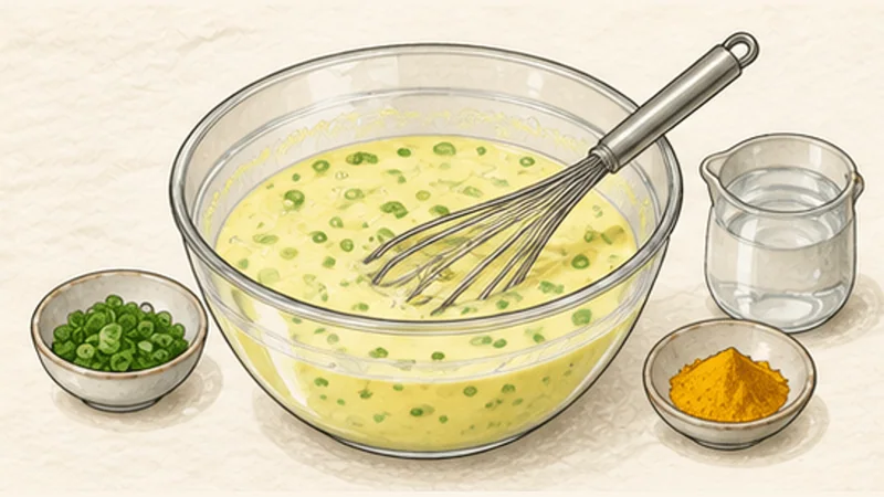 Bánh Xèo — Sizzling Pork and Shrimp Crêpes, step 1: Rest the thin batter.