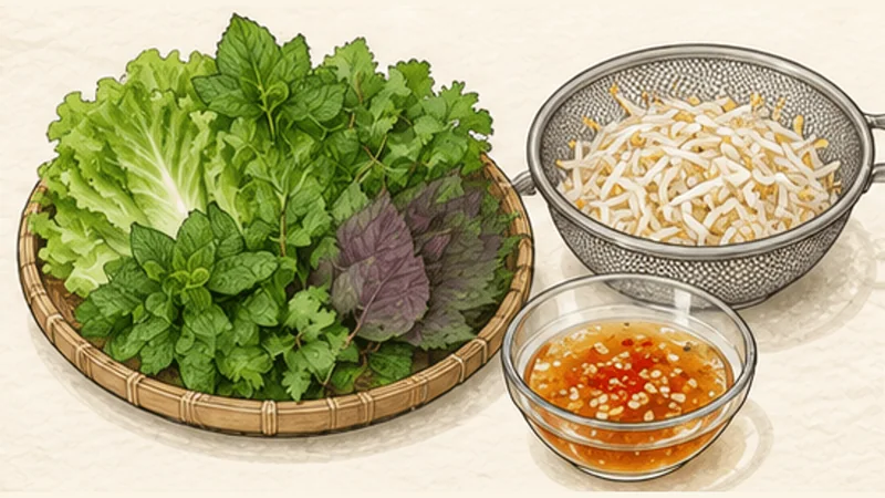 Bánh Xèo — Sizzling Pork and Shrimp Crêpes, step 2: Prepare the dip and greens.