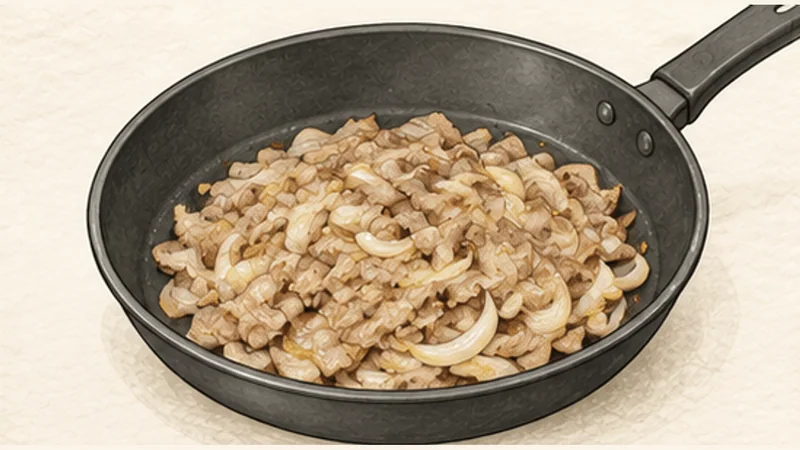 Bánh Xèo — Sizzling Pork and Shrimp Crêpes, step 3: Cook the pork and onion.