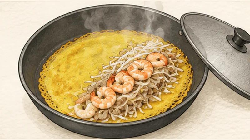 Bánh Xèo — Sizzling Pork and Shrimp Crêpes, step 6: Fill and briefly steam.