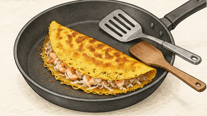 Bánh Xèo — Sizzling Pork and Shrimp Crêpes, step 7: Dry the shell and fold.