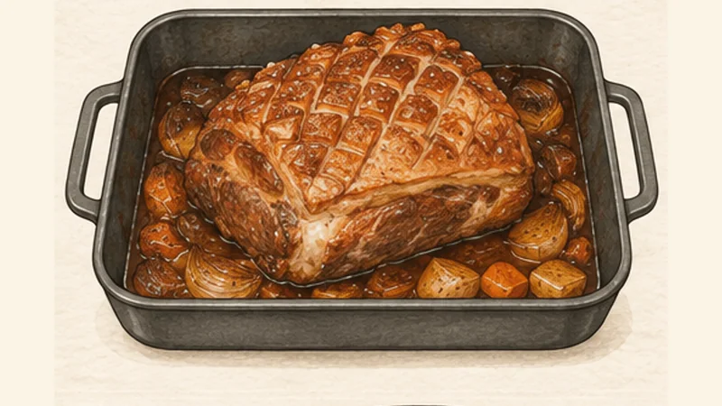 Bavarian Krustenbraten, step 4: Baste the pan, not the skin.