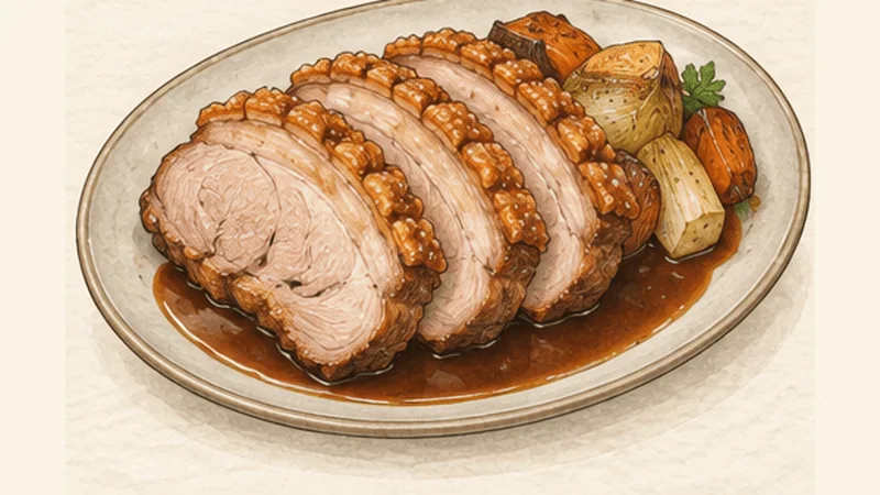 Bavarian Krustenbraten, step 7: Reduce the beer gravy and carve.