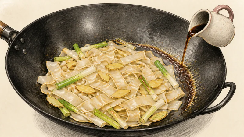 Dry-fried beef chow fun, step 6: Add the sauce around the hot wok.