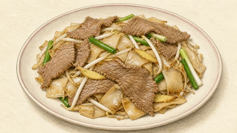 Dry-fried beef chow fun, step 8: Serve for wok hei.