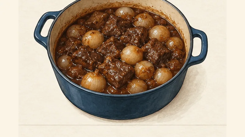 Beef Stifado, step 6: Add the reserved onions late.