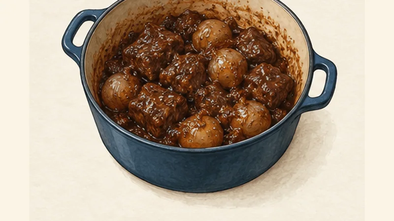 Beef Stifado, step 7: Reduce the sauce uncovered.