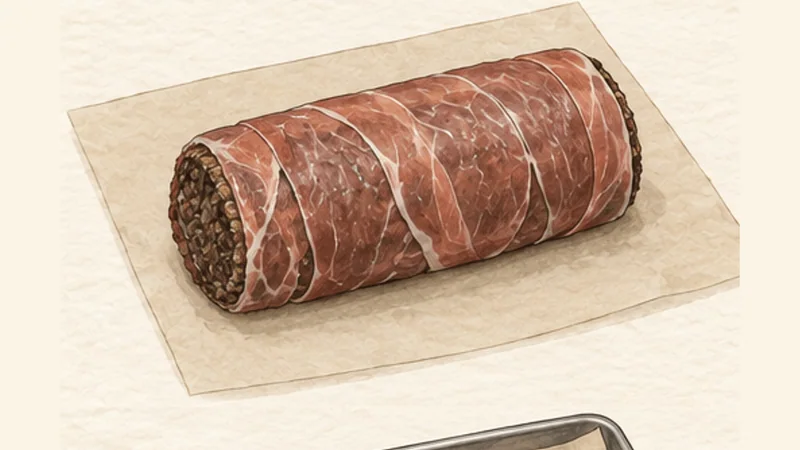 Beef Wellington, step 4: Wrap in prosciutto and duxelles.