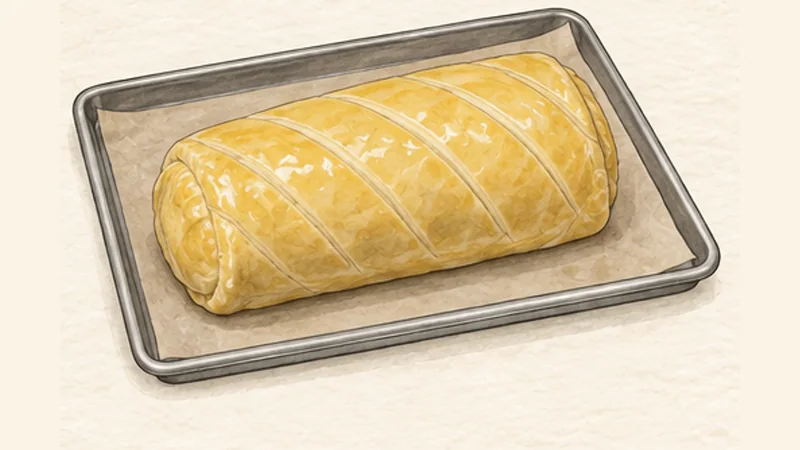 Beef Wellington, step 6: Glaze and score the pastry.
