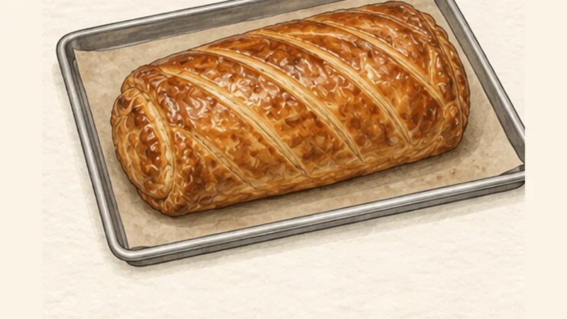 Beef Wellington, step 7: Bake to temperature.