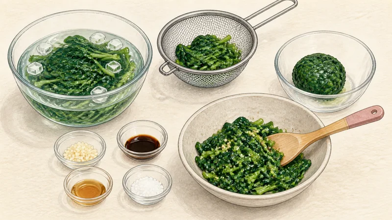 Vegetable bibimbap, step 5: Blanch and season the spinach.