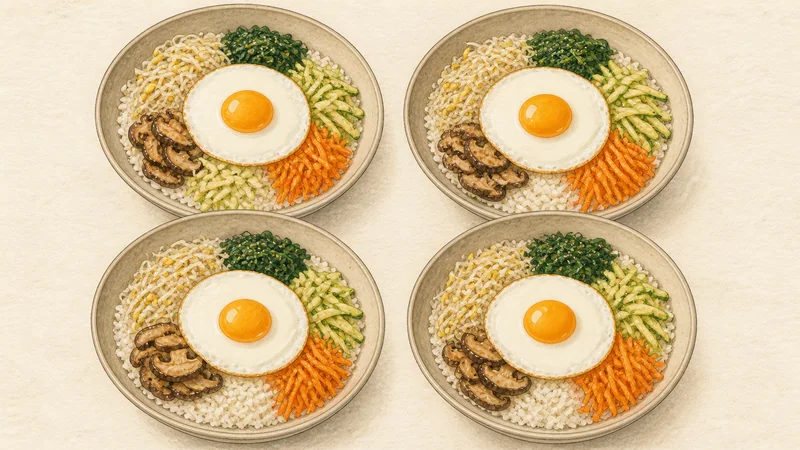 Vegetable bibimbap, step 10: Arrange five vegetable sections.
