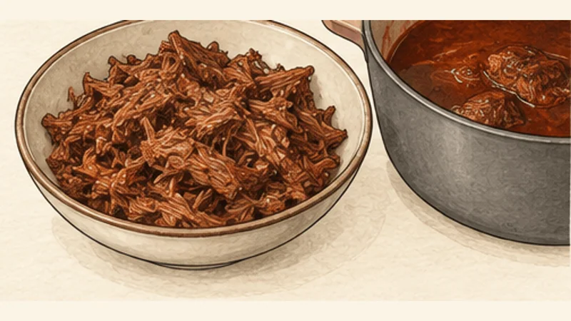 Birria de Res, step 11: Shred the beef lightly.