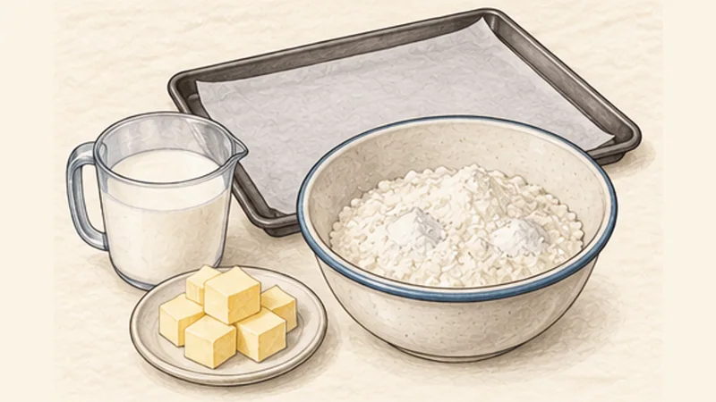 Biscuits and Sausage Gravy, step 1: Preheat and chill the biscuit tools.