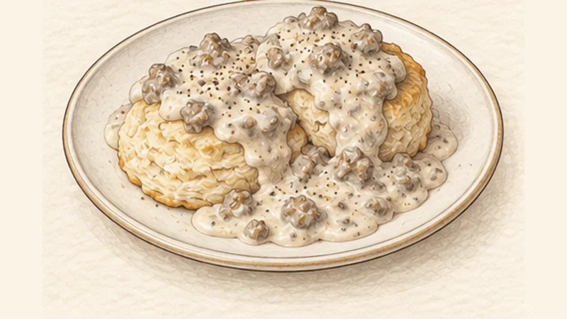 Biscuits and Sausage Gravy, step 9: Split, ladle and serve.