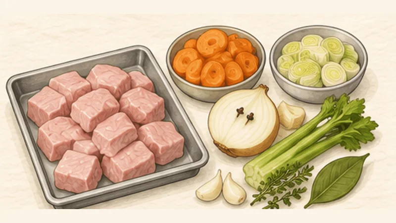 Blanquette de Veau, step 1: Prepare meat and aromatics.