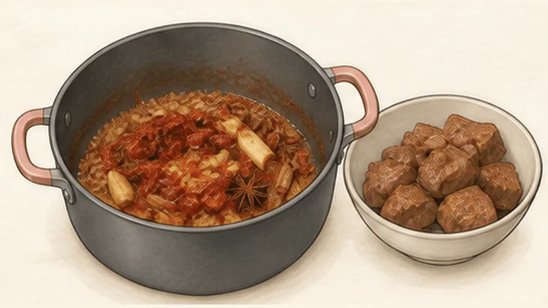 Bò kho — lemongrass beef stew, step 4: Bloom the spices and tomato.