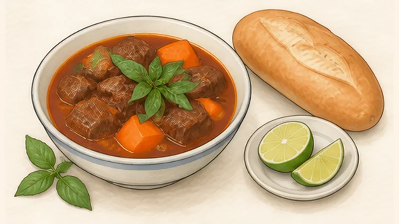 Bò kho — lemongrass beef stew, step 9: Serve with fresh basil.