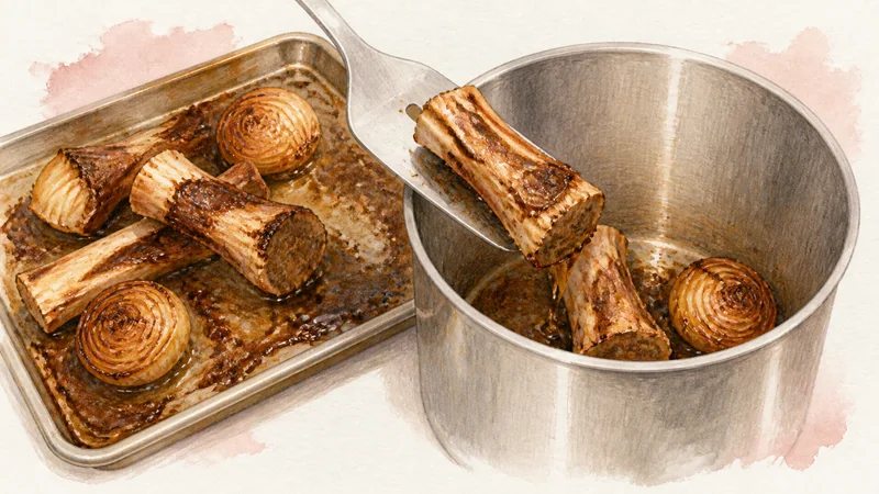 Beef Boat Noodles, step 1: Roast the bones and onion.