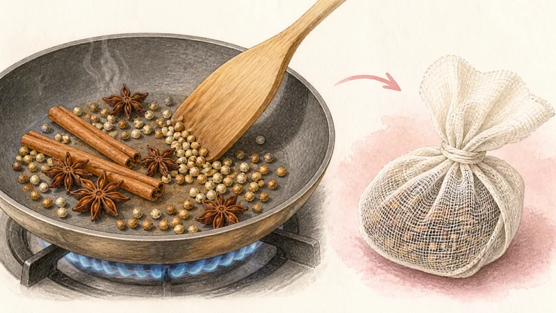 Beef Boat Noodles, step 3: Toast and bag the spices.