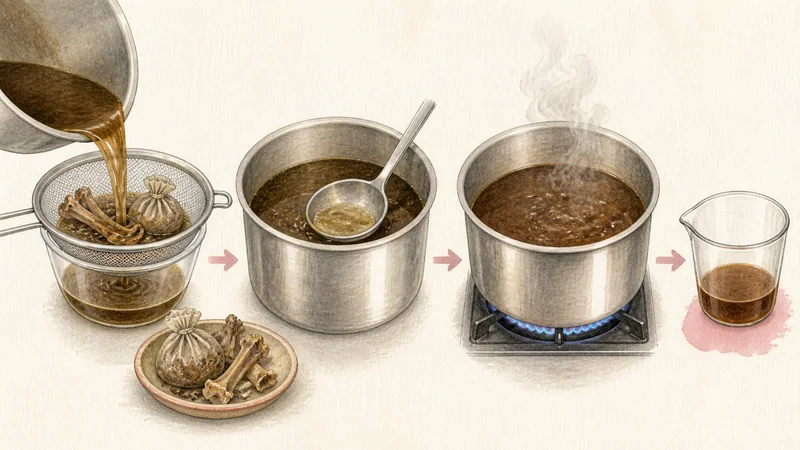 Beef Boat Noodles, step 7: Strain and reduce the dark broth.
